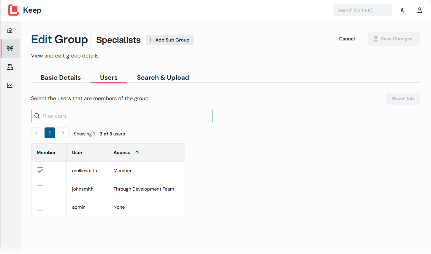 The Users tab of the Edit Group page in Keep.